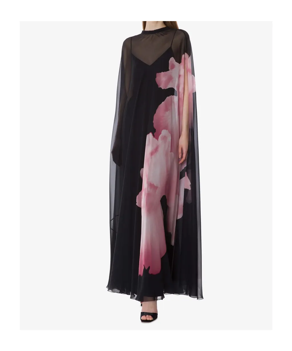 Long Silk Dress With Orchid Print
