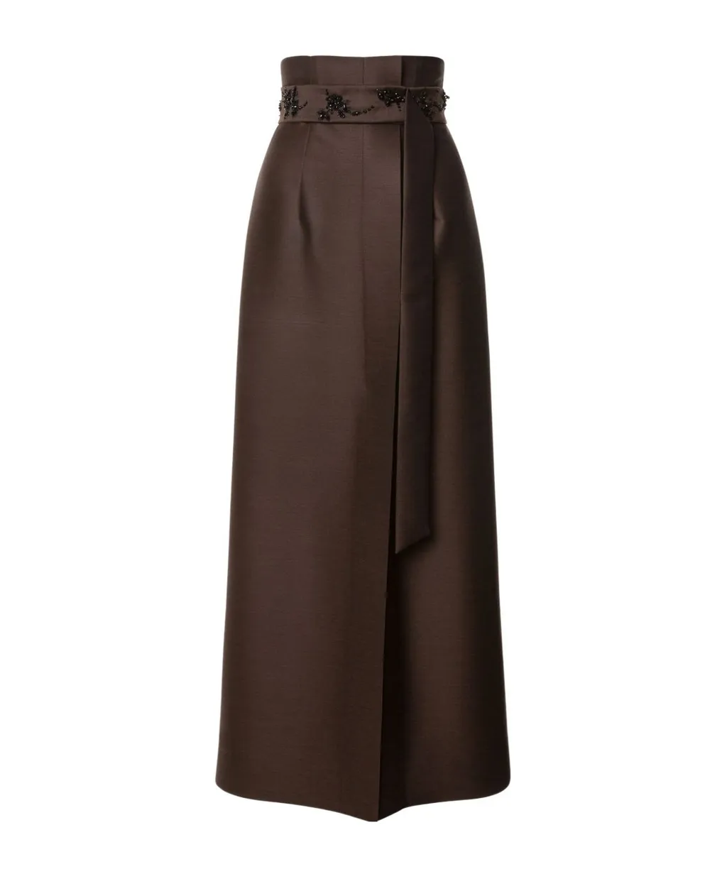 Embroidered Wool Silk Wide Leg Trousers
