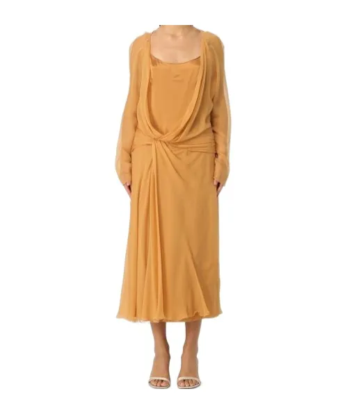 Draped Long-Sleeved Midi Dress