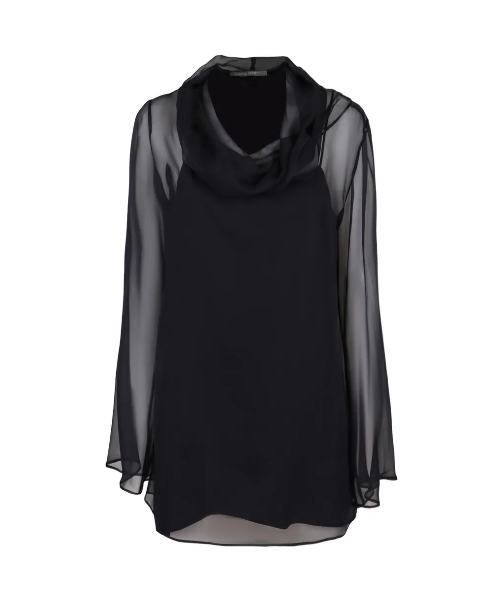 Cowl-Collar Semi-Sheer Long Sleeved Blouse