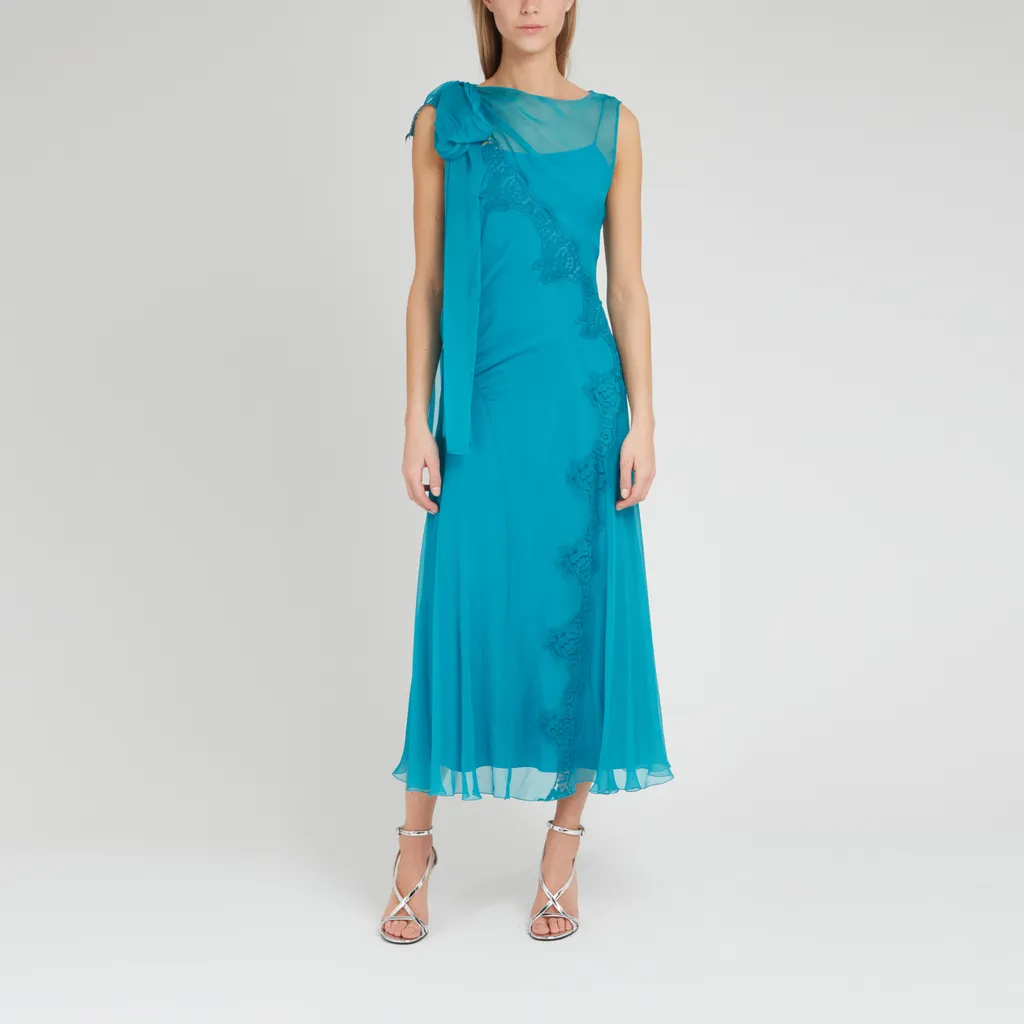 Floral-Lace Detailed Semi-Sheer Midi Dress