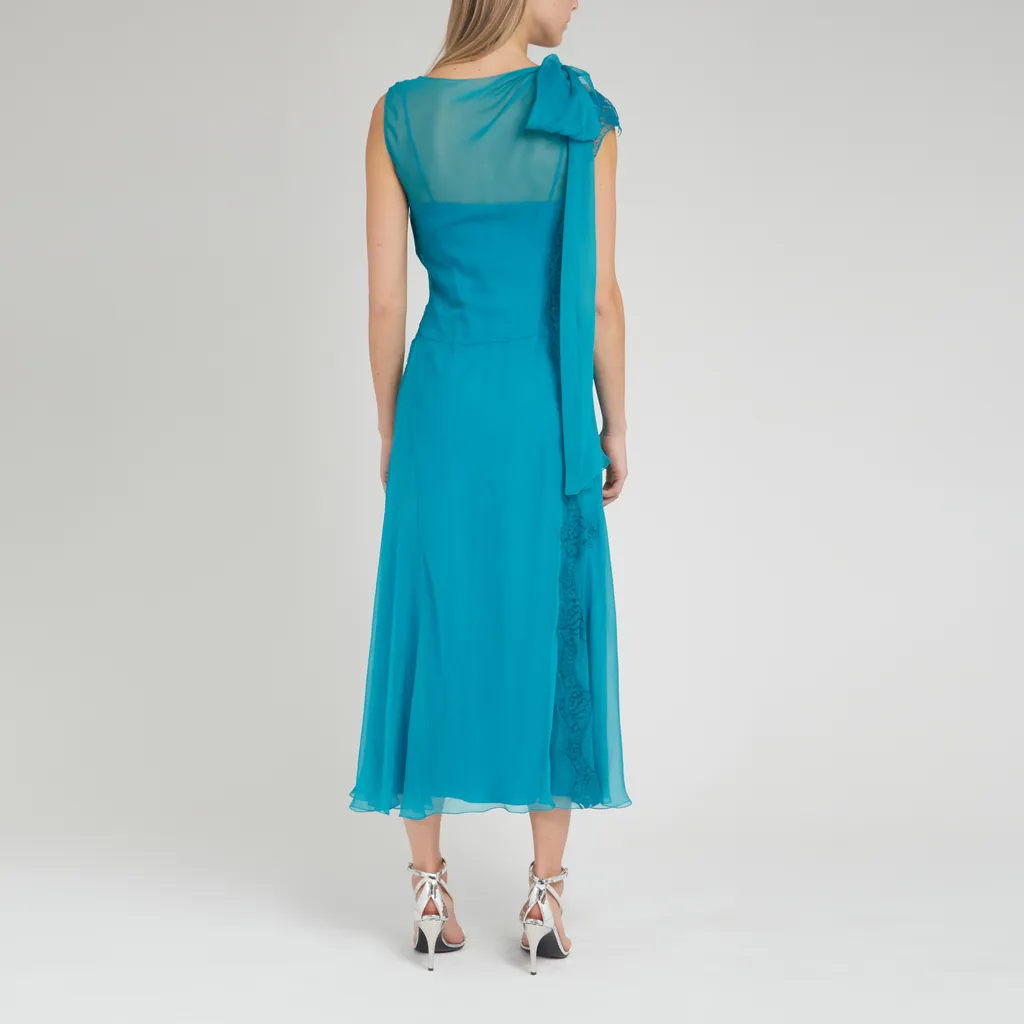 Floral-Lace Detailed Semi-Sheer Midi Dress