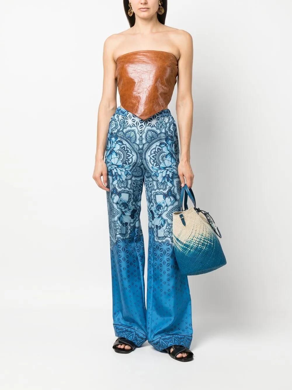 Silk Graphic-Print Wide-Leg Trousers