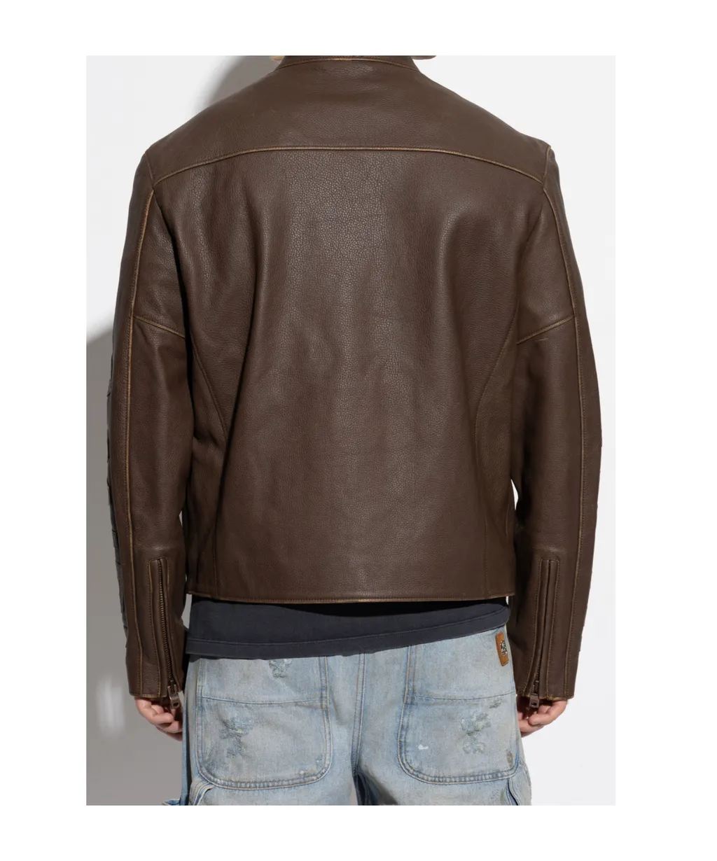 Patch-Detail Leather Jacket