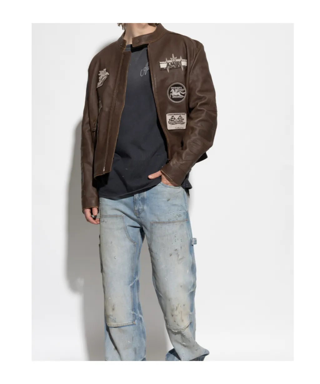 Patch-Detail Leather Jacket