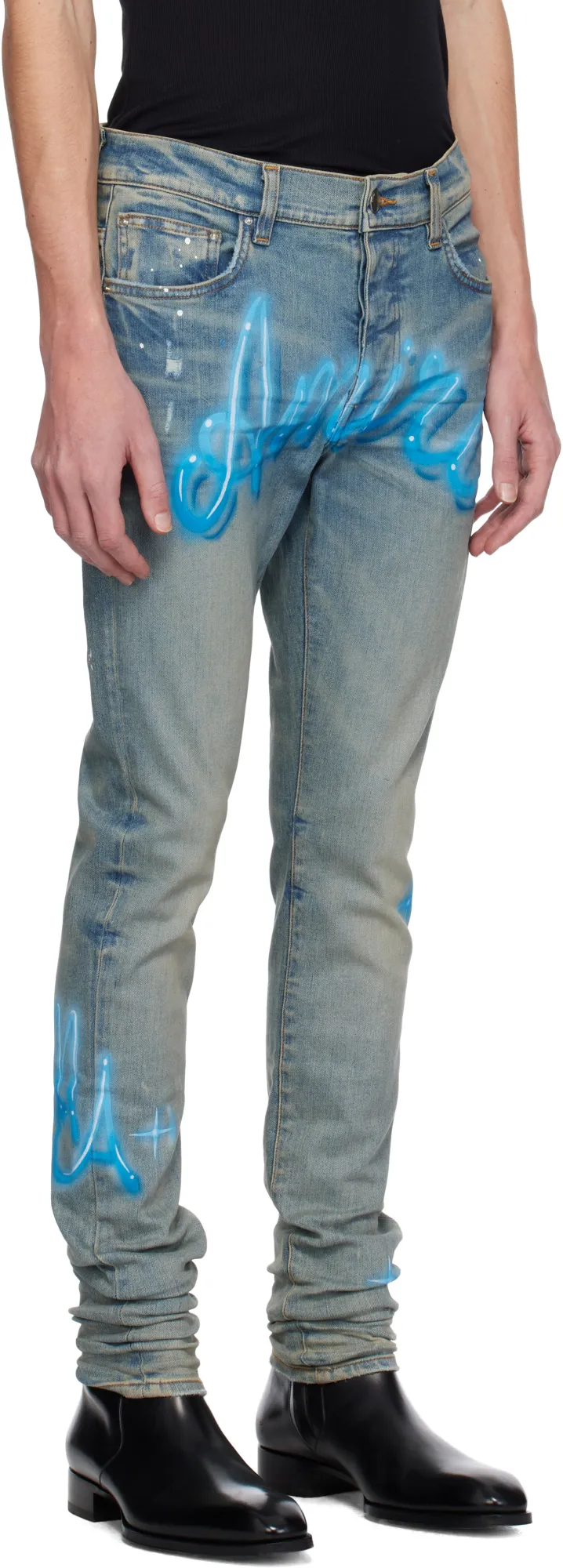 Blue Amiri Airbrush Logo Skinny Jeans