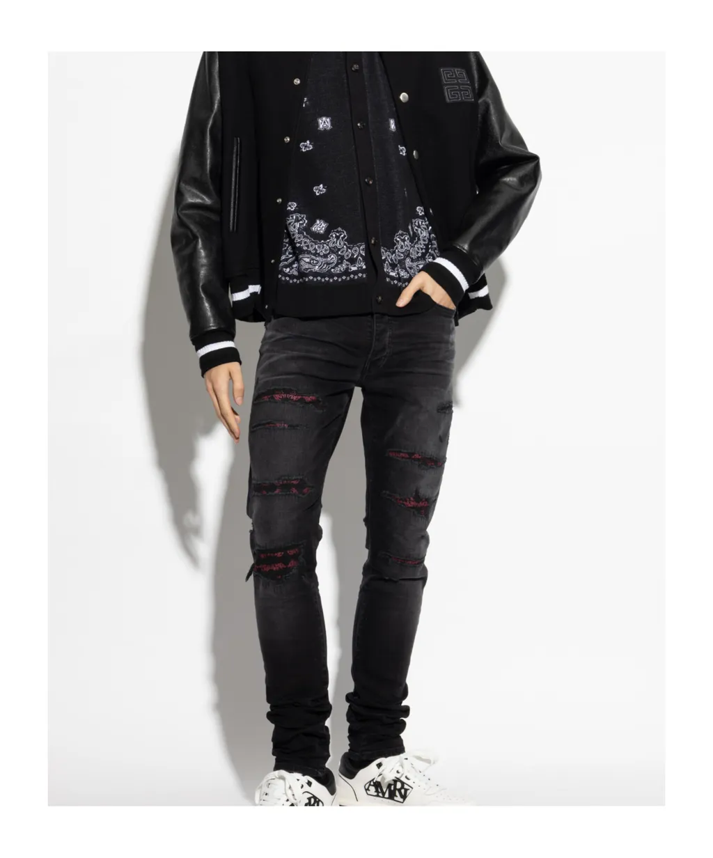 Distressed Bandana-Detail Jeans