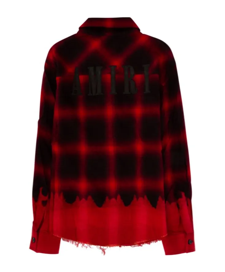 Bleached Shadow Plaid Frayed Trim Shirt