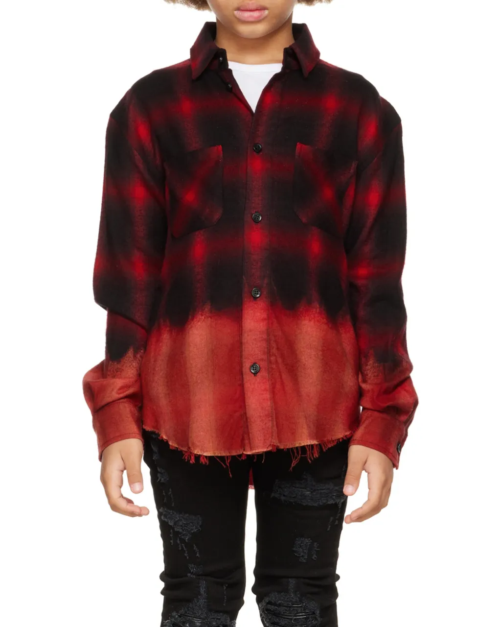 Bleached Shadow Plaid Frayed Trim Shirt