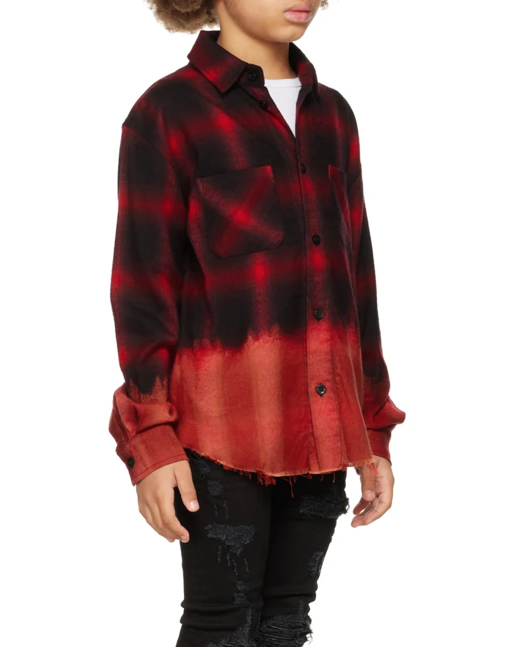 Bleached Shadow Plaid Frayed Trim Shirt