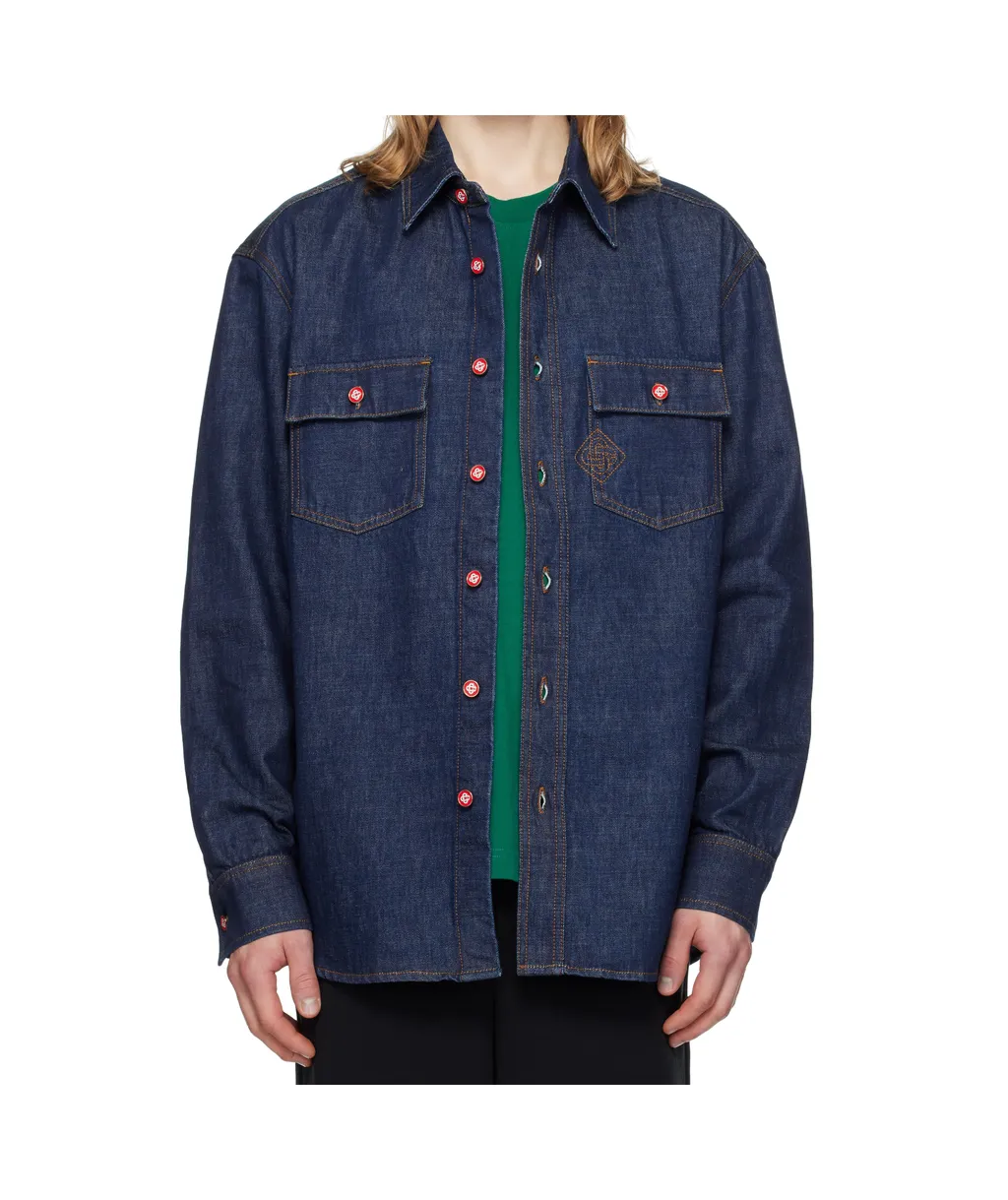 Logo Embroidered Denim Short Sleeved Shirt