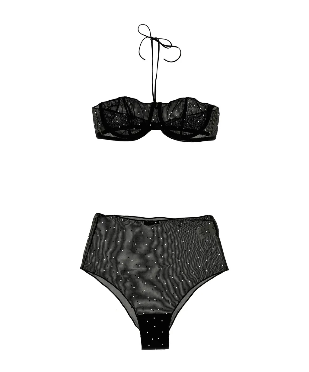 Crystal-Embellished Mesh Bra Set