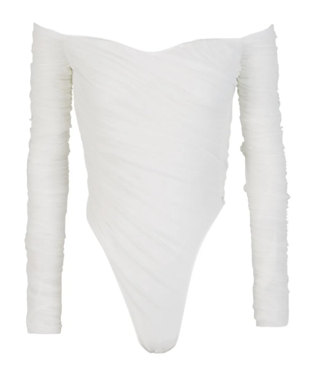 Off-Shoulder Ruched Mesh Bodysuit