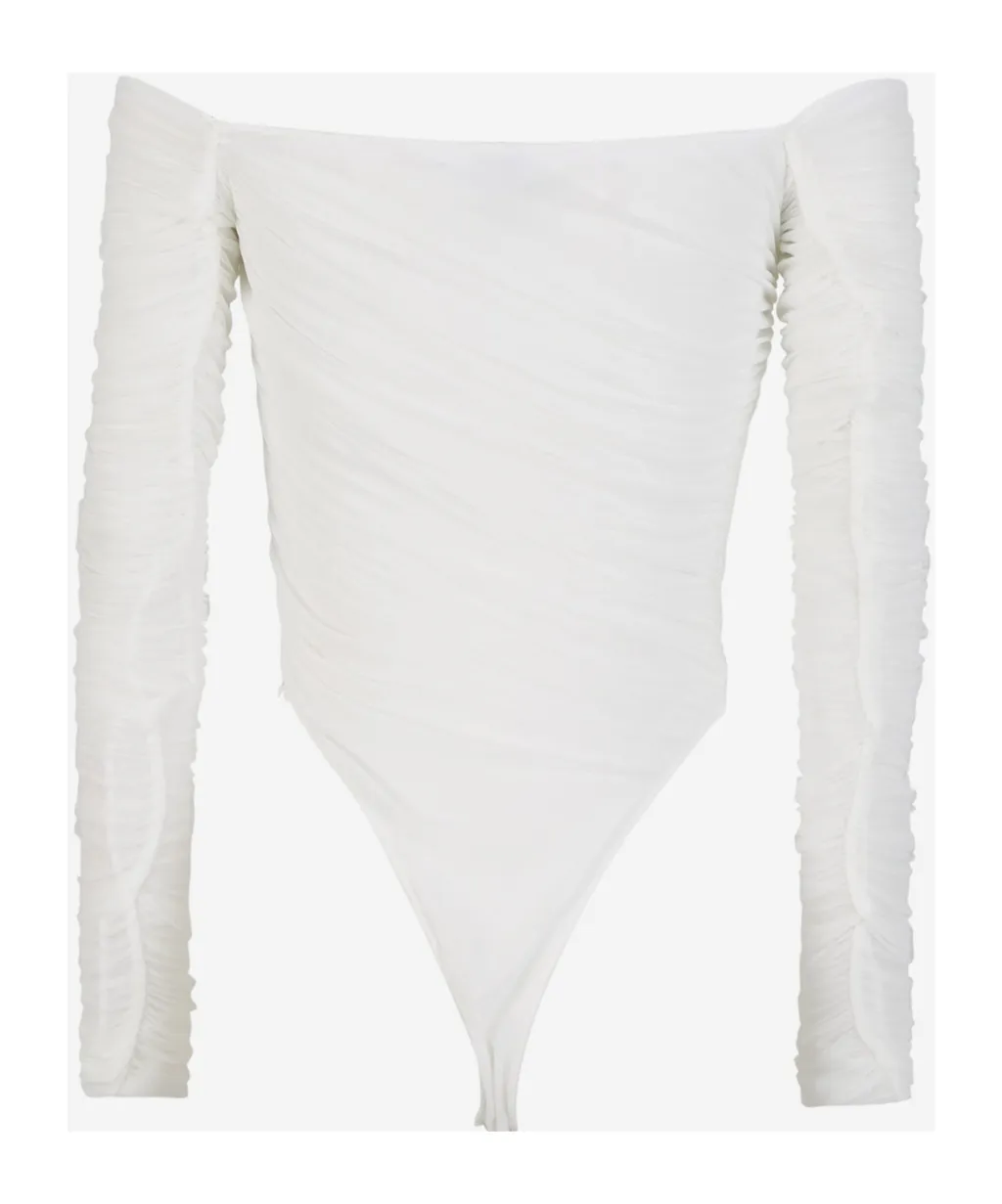Off-Shoulder Ruched Mesh Bodysuit