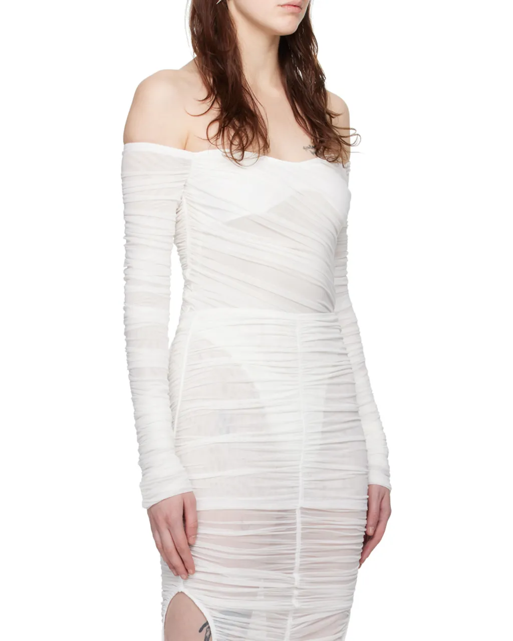 Off-Shoulder Ruched Mesh Bodysuit