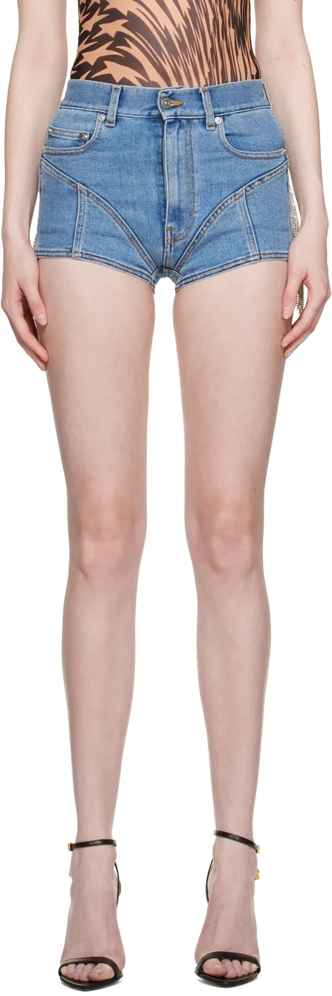 Crystal-Embellished Panelled Denim Shorts