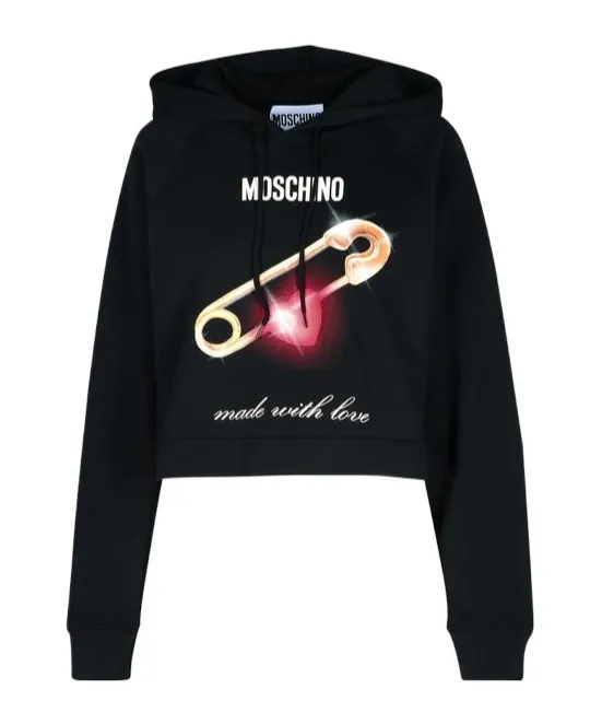 Heart-Printed Drawstring Cropped Hoodie