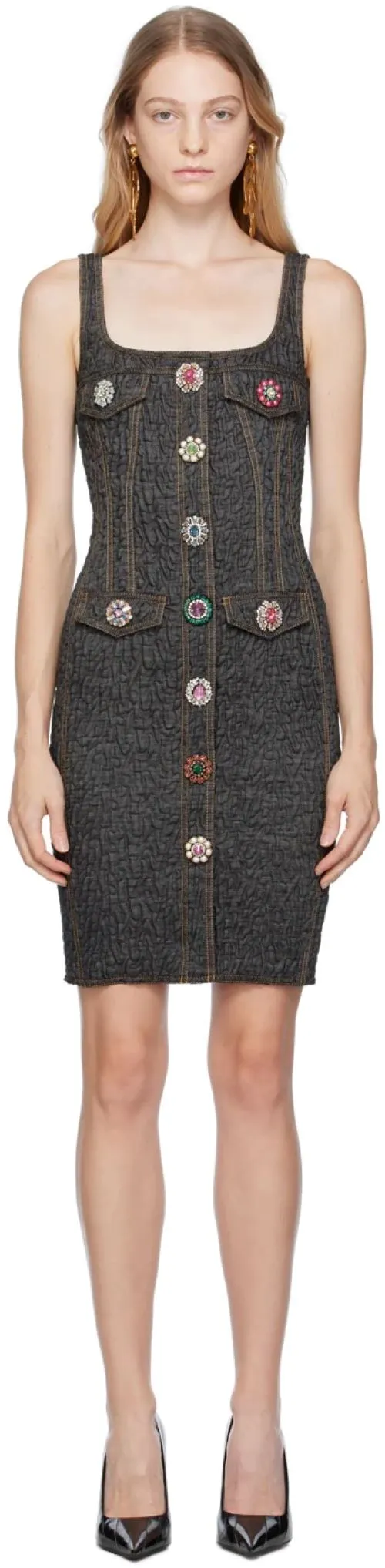 Gem-Embellished Crinkled Minidress