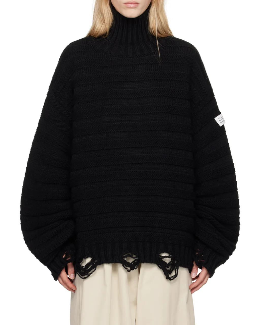 High-Neck Drop-Shoulder Distressed Jumper
