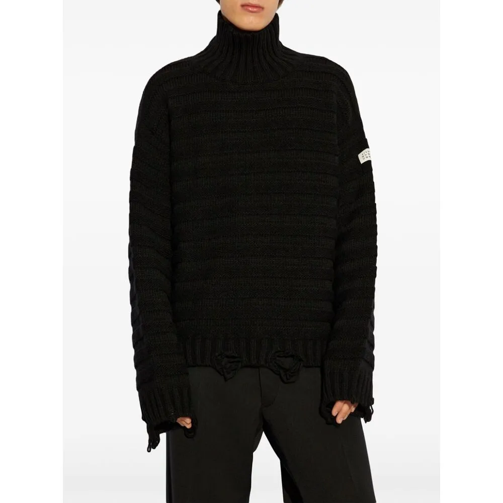 High-Neck Drop-Shoulder Distressed Jumper