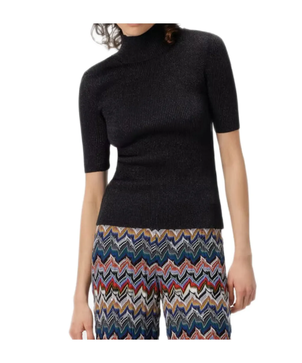 Roll Neck Ribbed-Knit Metallic Top