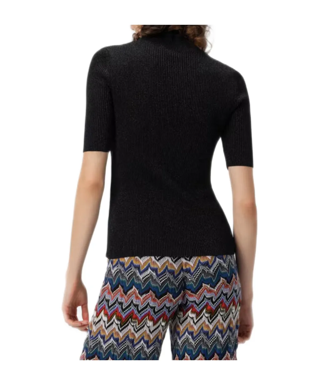 Roll Neck Ribbed-Knit Metallic Top