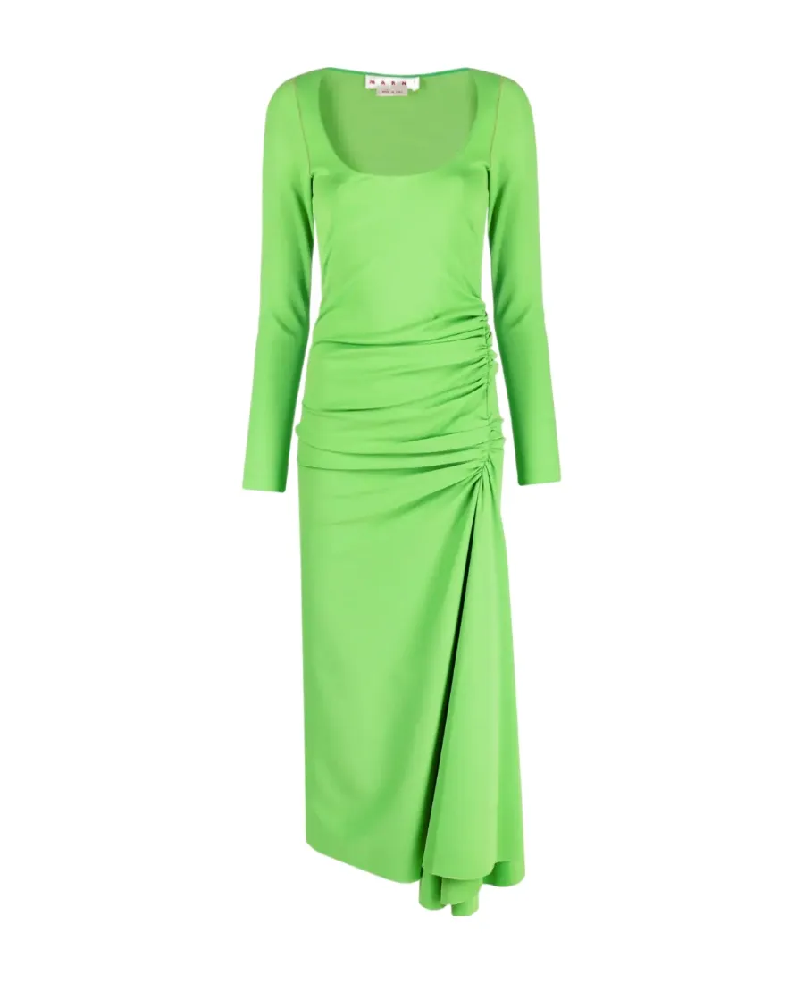 Gathered-Waist Asymmetric Midi Dress