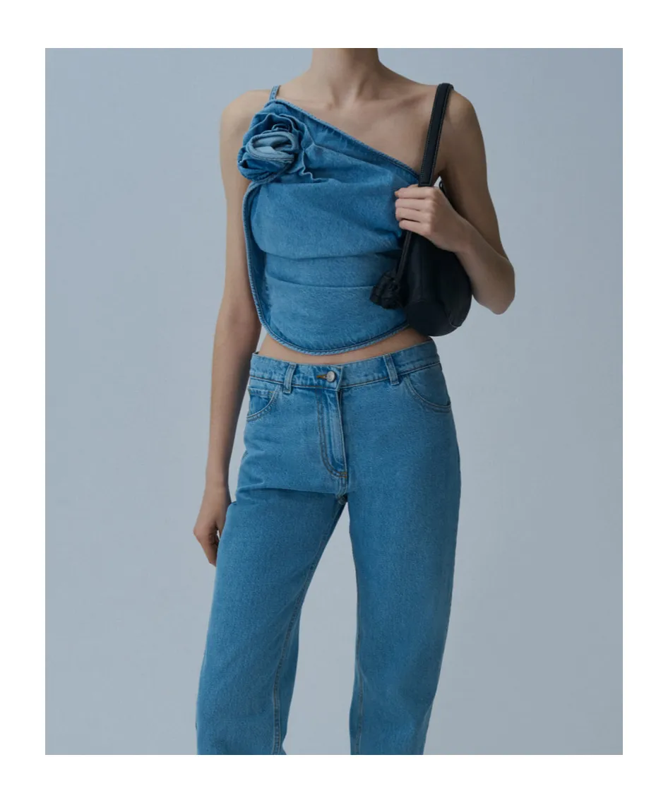 One-Shoulder Draped Denim Top