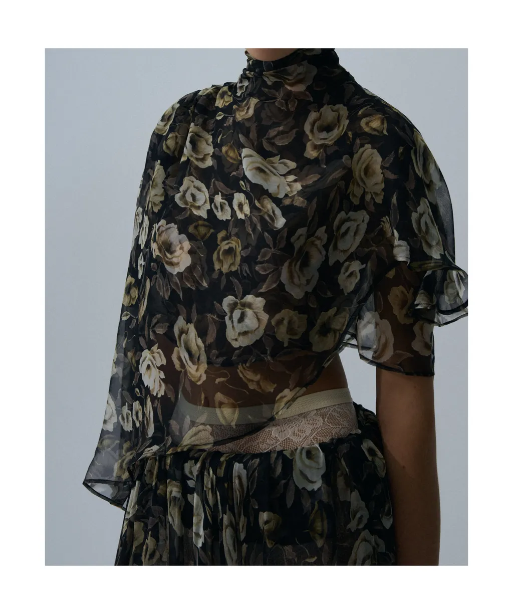 Flowy High-Neck Cropped Blouse