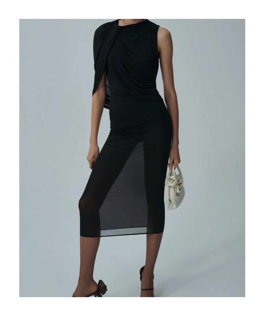 Asymmetrical Draped Midi Dress