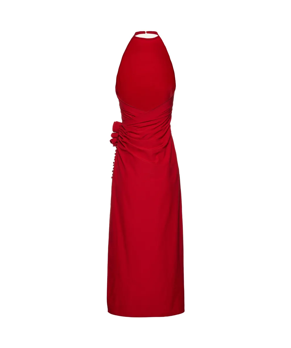 High Neck Floral Applique Midi Dress