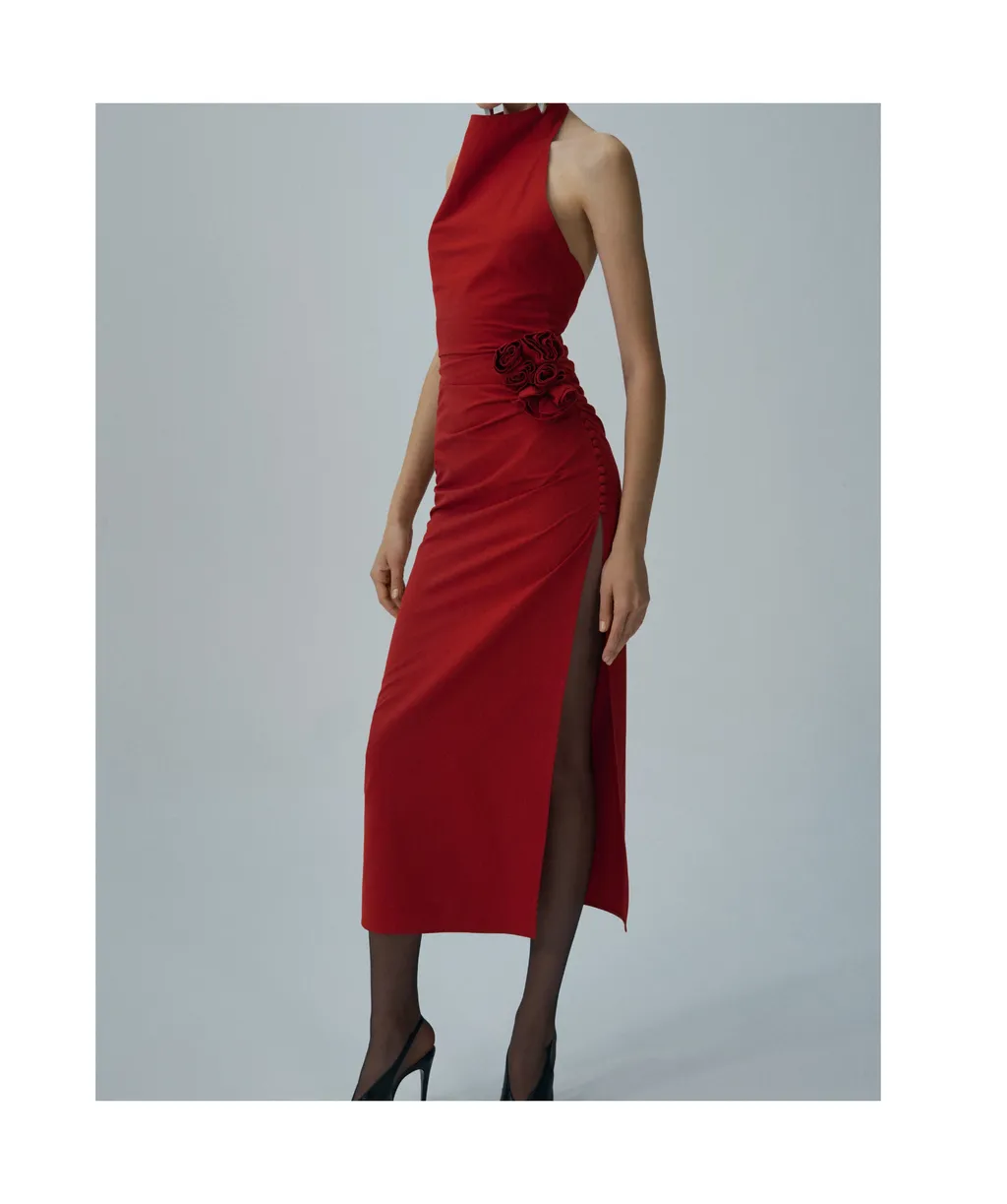 High Neck Floral Applique Midi Dress