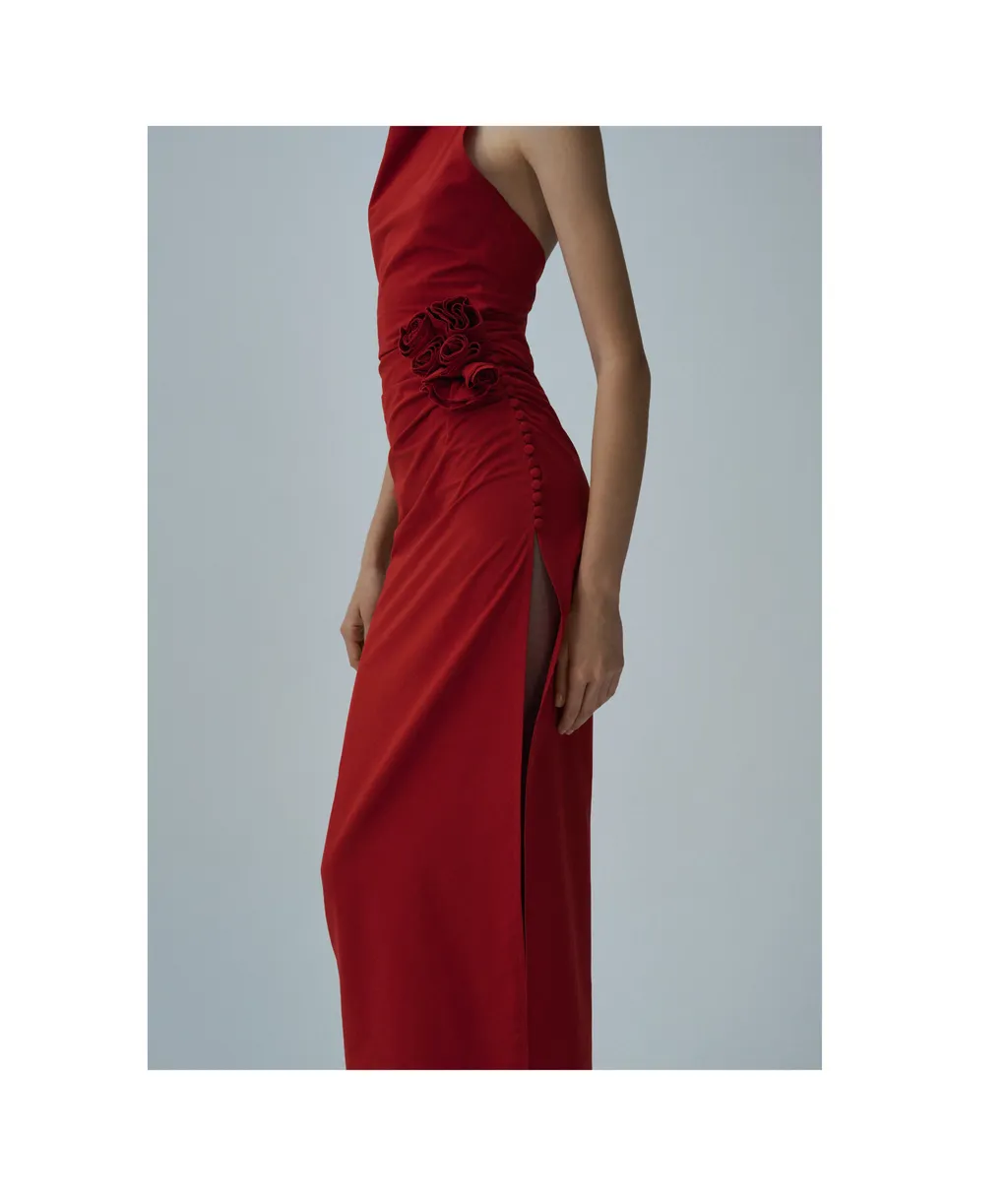 High Neck Floral Applique Midi Dress