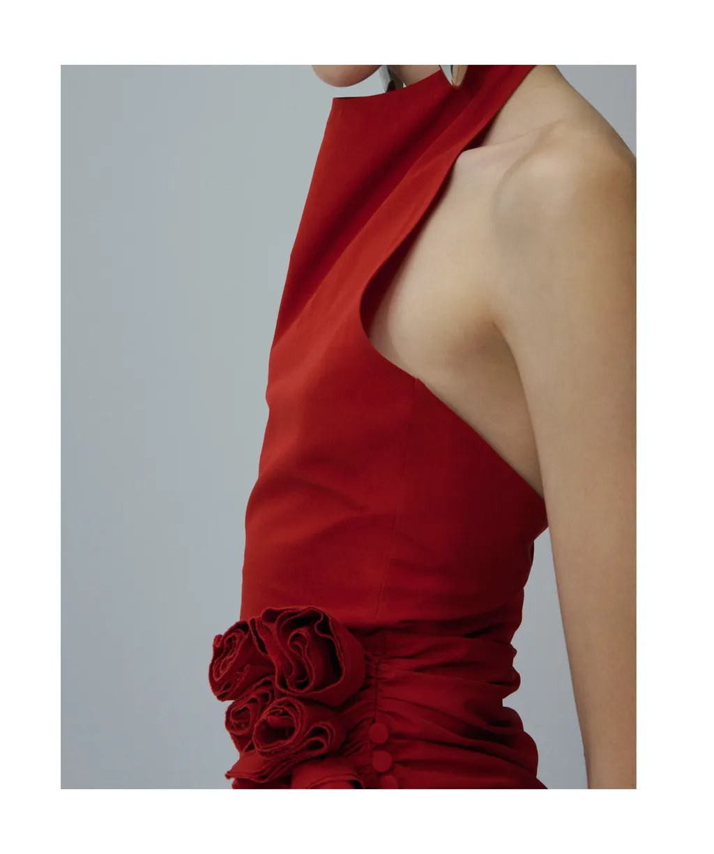 High Neck Floral Applique Midi Dress