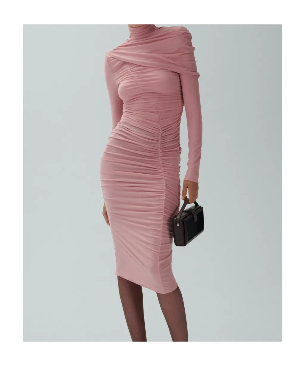 Draped High-Neck Midi Dress