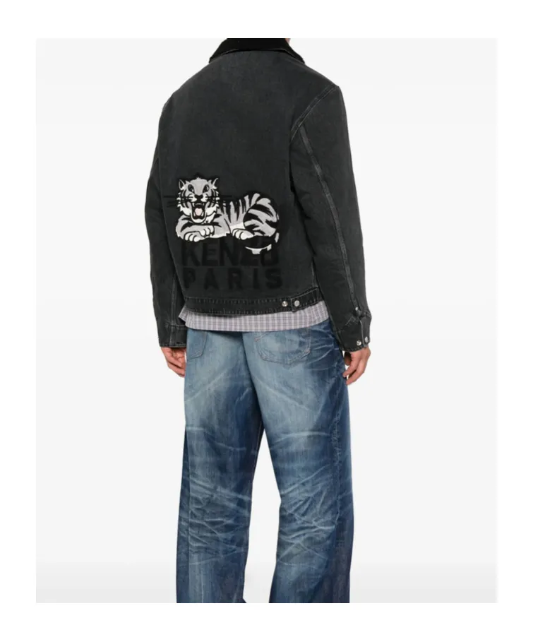 Happy Tiger Embroidered Utility Fleece Jacket In Japanese Denim