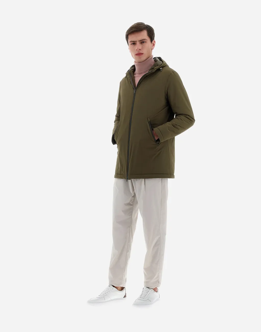 Long Sleeved Zip-Up Hooded Drawstring Raincoat