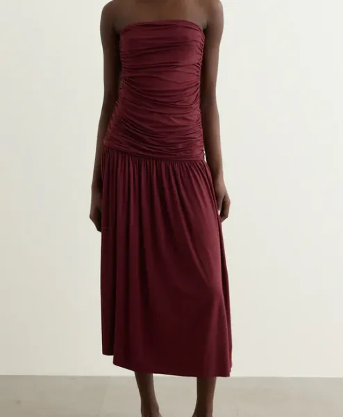 Fortuna Strapless Gathered Midi Dress