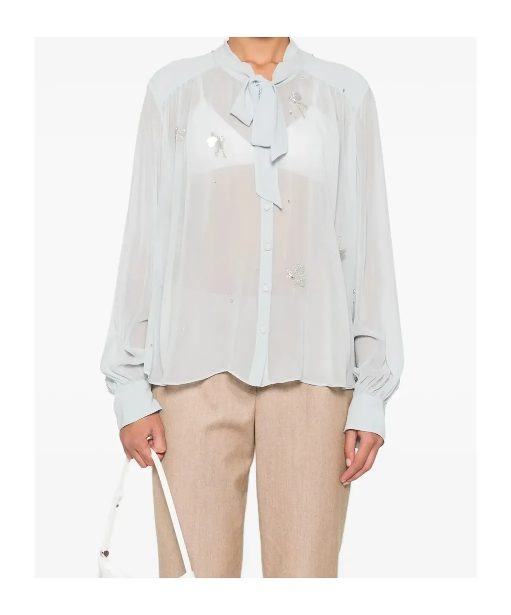 Crystal-Embellished Tie-Neck Shirt