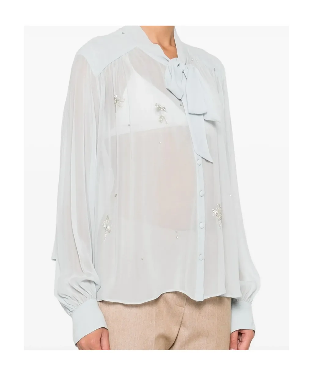 Crystal-Embellished Tie-Neck Shirt