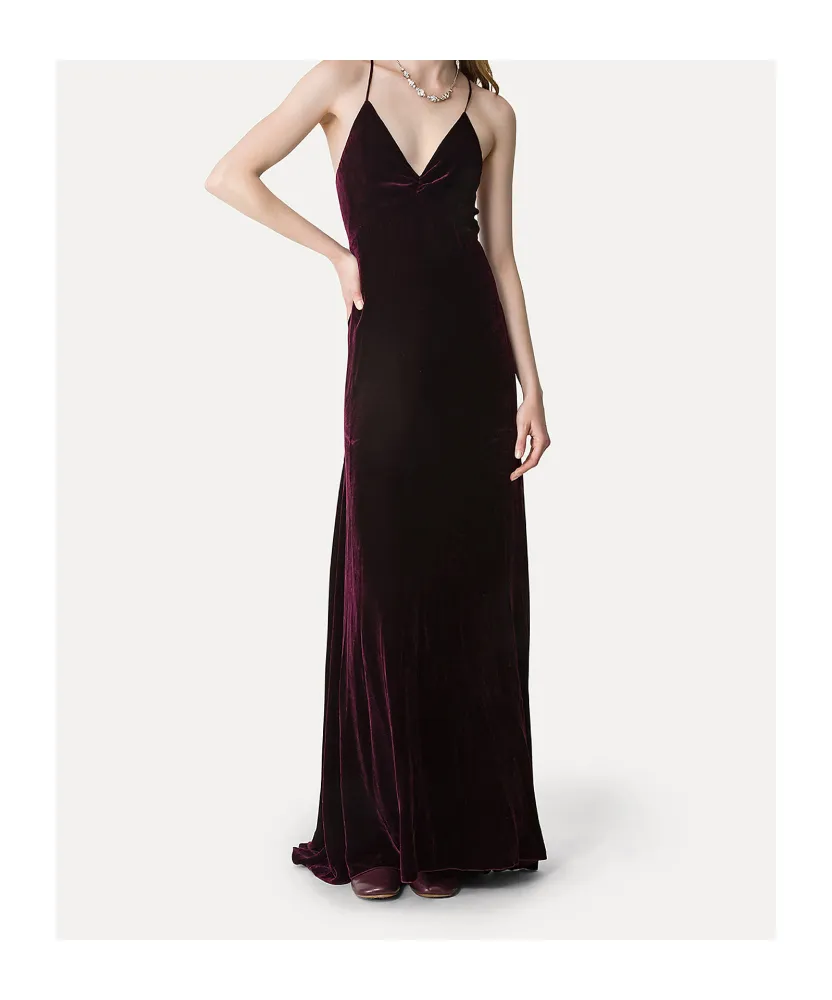 Dress In Plain Viscose-And-Silk Velvet With Spaghetti Straps
