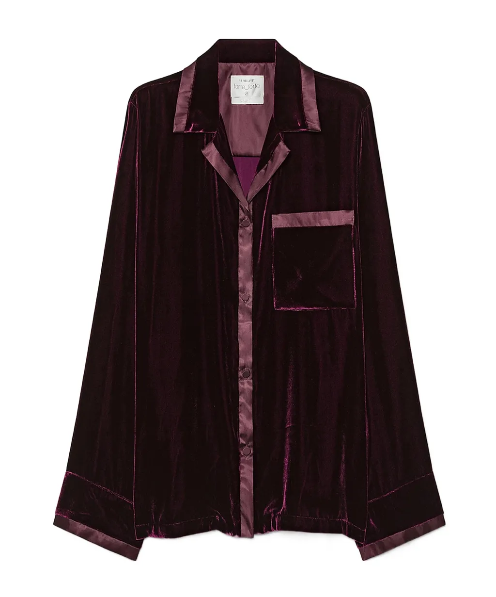 Plain Velvet Shirt With Relaxed Fit And Satin Detailing