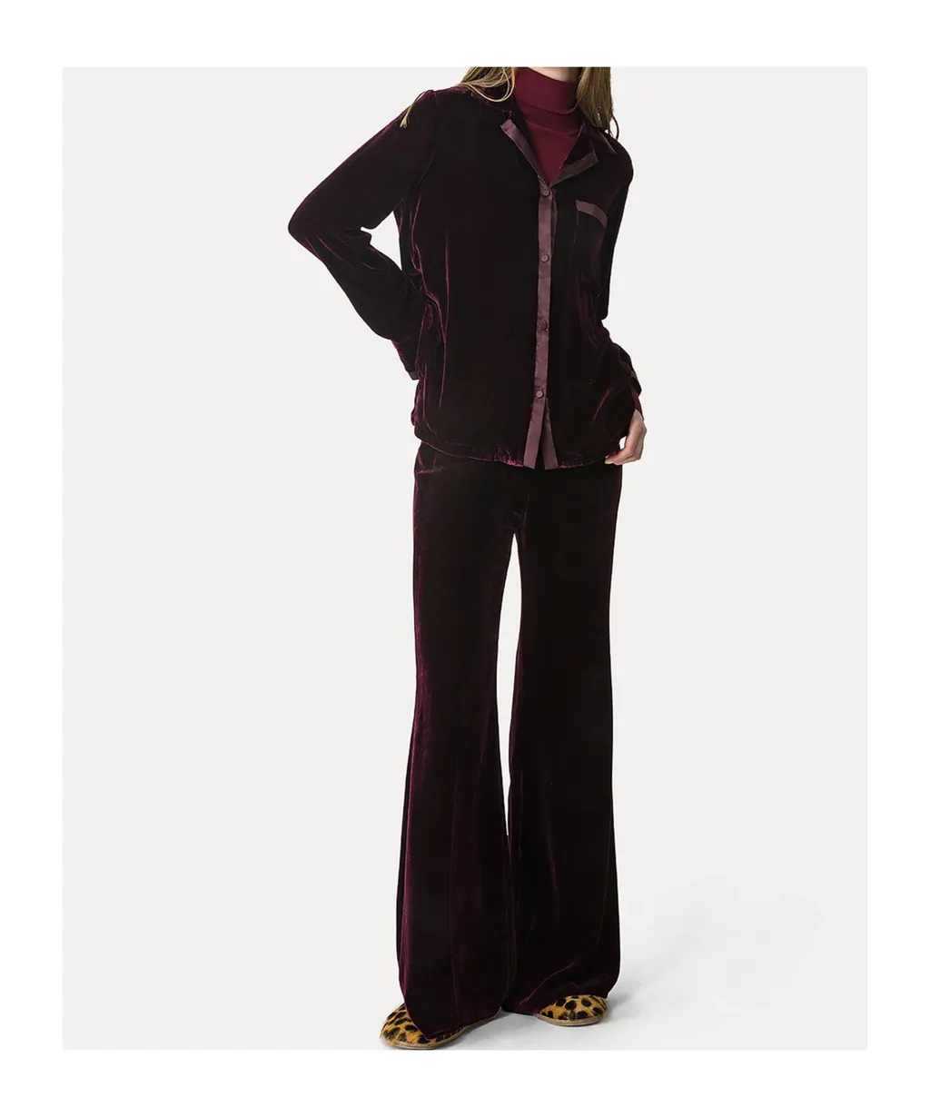 Plain Velvet Shirt With Relaxed Fit And Satin Detailing