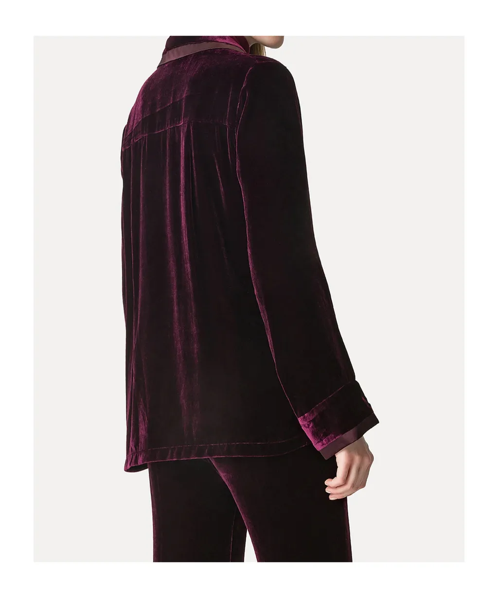 Plain Velvet Shirt With Relaxed Fit And Satin Detailing