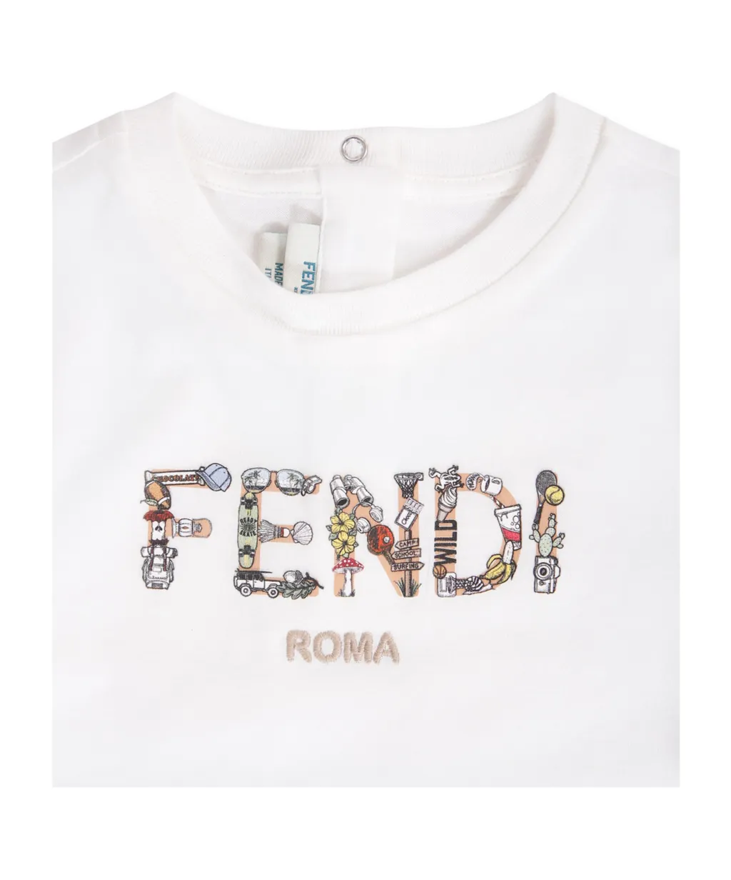 White Jersey Baby T-Shirt With Multicolour Fendi Print