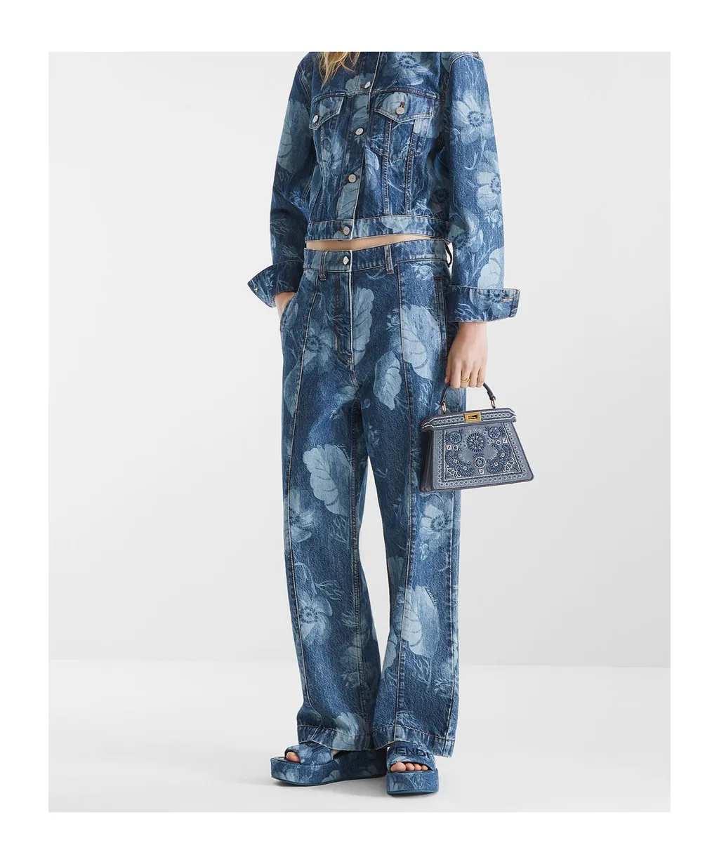 Floral Printed Straight-Leg Long Jeans