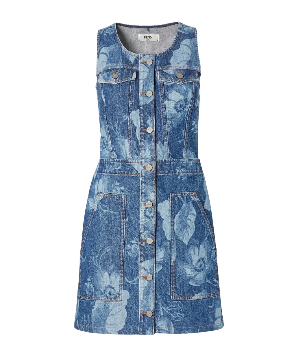 Floral Printed Sleeveless Denim Mini Dress