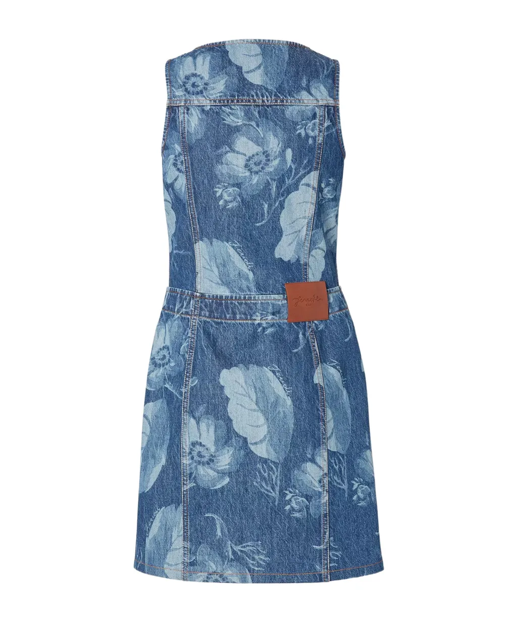 Floral Printed Sleeveless Denim Mini Dress