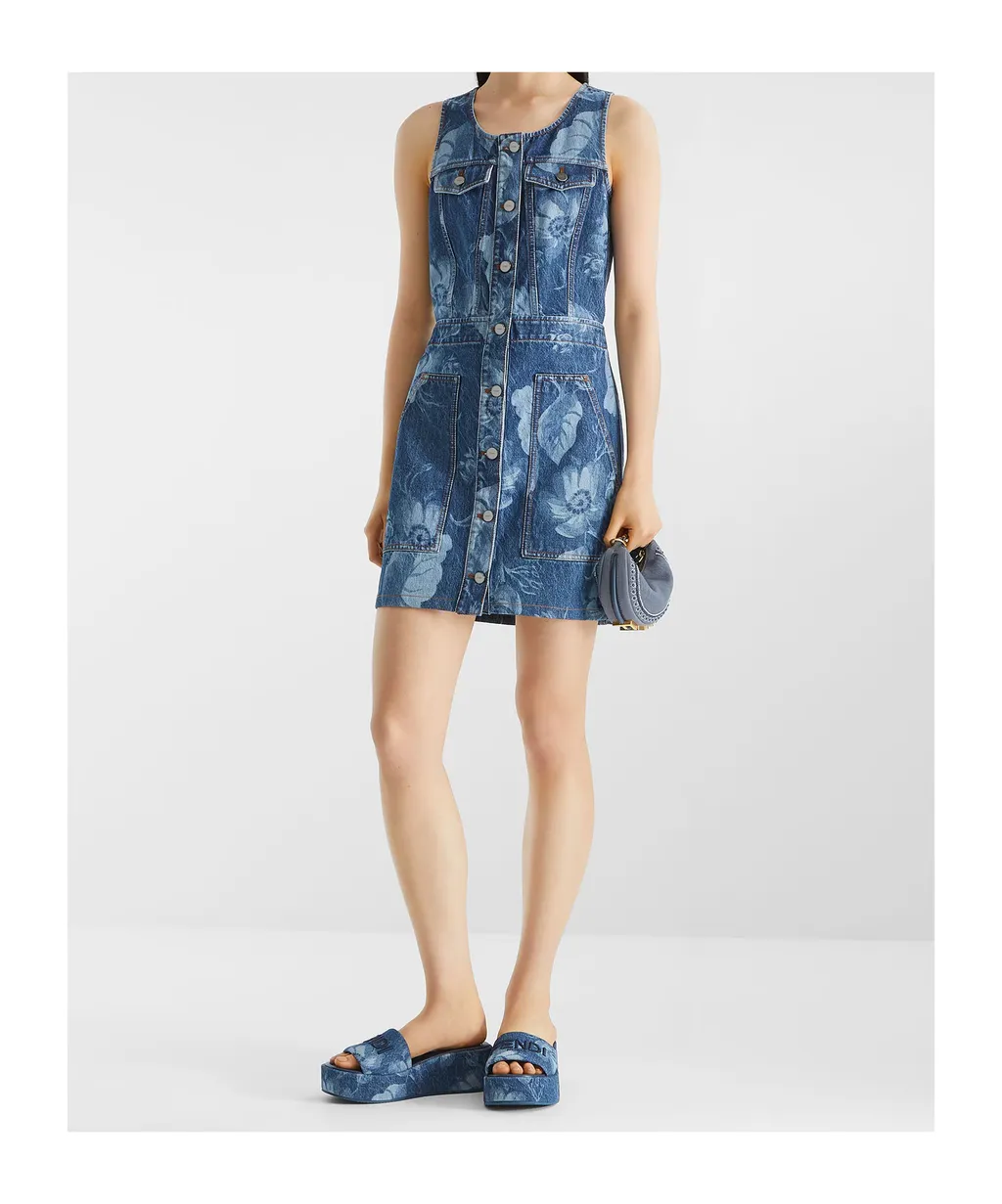 Floral Printed Sleeveless Denim Mini Dress