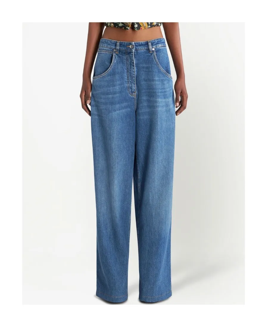 Logo Embroidered Wide-Leg Jeans